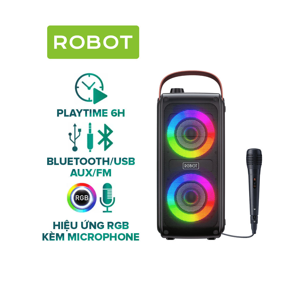 Loa Karaoke Bluetooth Ngoài Trời Hiệu Ứng LED ROBOT RB490 Kèm Micro Công Suất 20W Nghe Nhạc Cực Đỉnh - Bảo Hành 12 Tháng