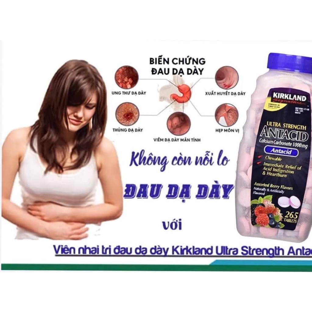 Kẹo Nhai Giảm Đau Bao Tử, Dạ Dày Kirkland Antacid Ultra Strength Calcium Carbonate 1000mg 265 viên Của Mỹ