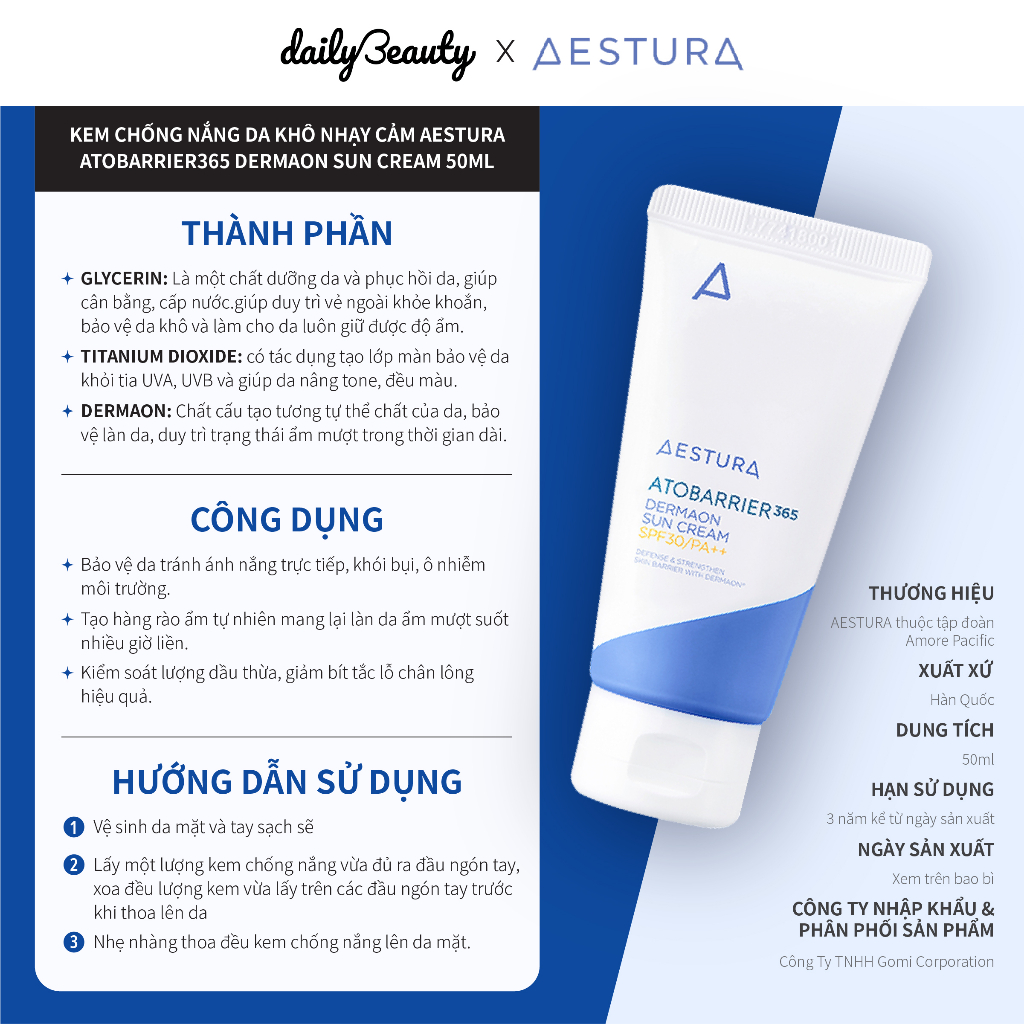 Kem Chống Nắng Bảo Vệ Da Aestura Atobarrier365 Dermaon Sun Cream 50ml (Date 06.2024) Daily Beauty Official