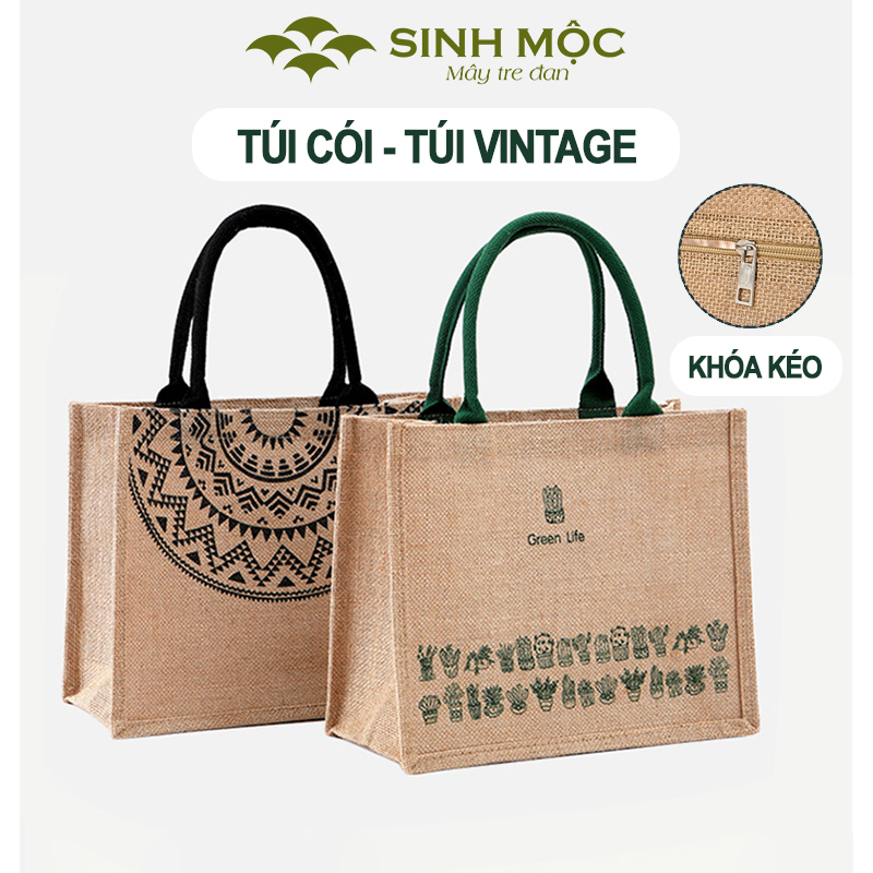 Túi đi biển, túi cói, túi cói vintage, họa tiết trống đồng và xương rồng, Sinh Mộc - M3041
