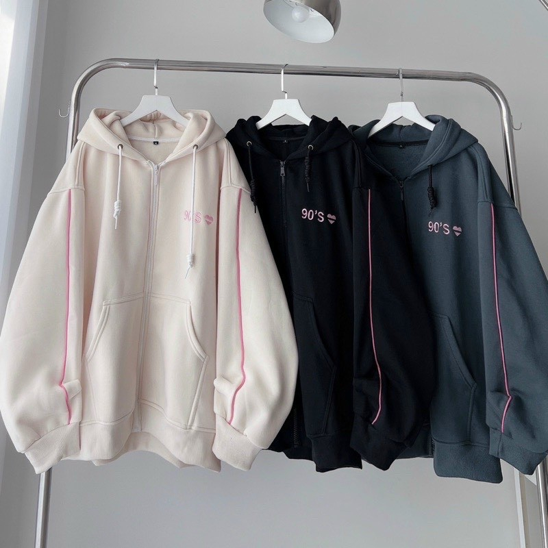 Áo khoác nam nữ Hoodie nỉ trơn Basic in chữ 90S màu form rộng tay bồng khóa kéo có mũ Ulzzang giá rẻ couple | BigBuy360 - bigbuy360.vn