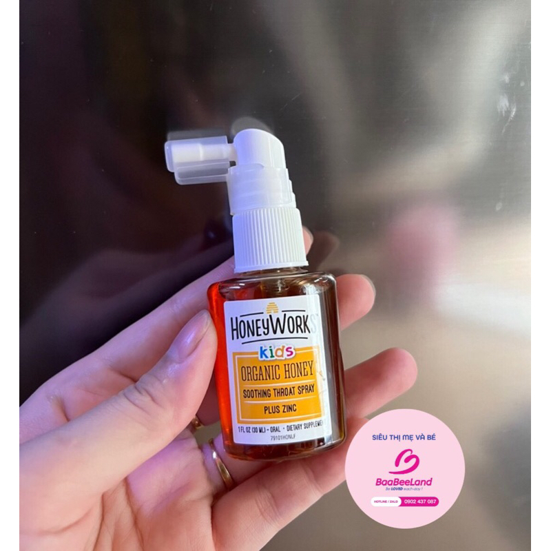 Xịt họng keo ong chứa kẽm hữu cơ 30ml HoneyWorks Kids Organic Honey Soothing Throat Spray Plus Zinc - BAABEELAND
