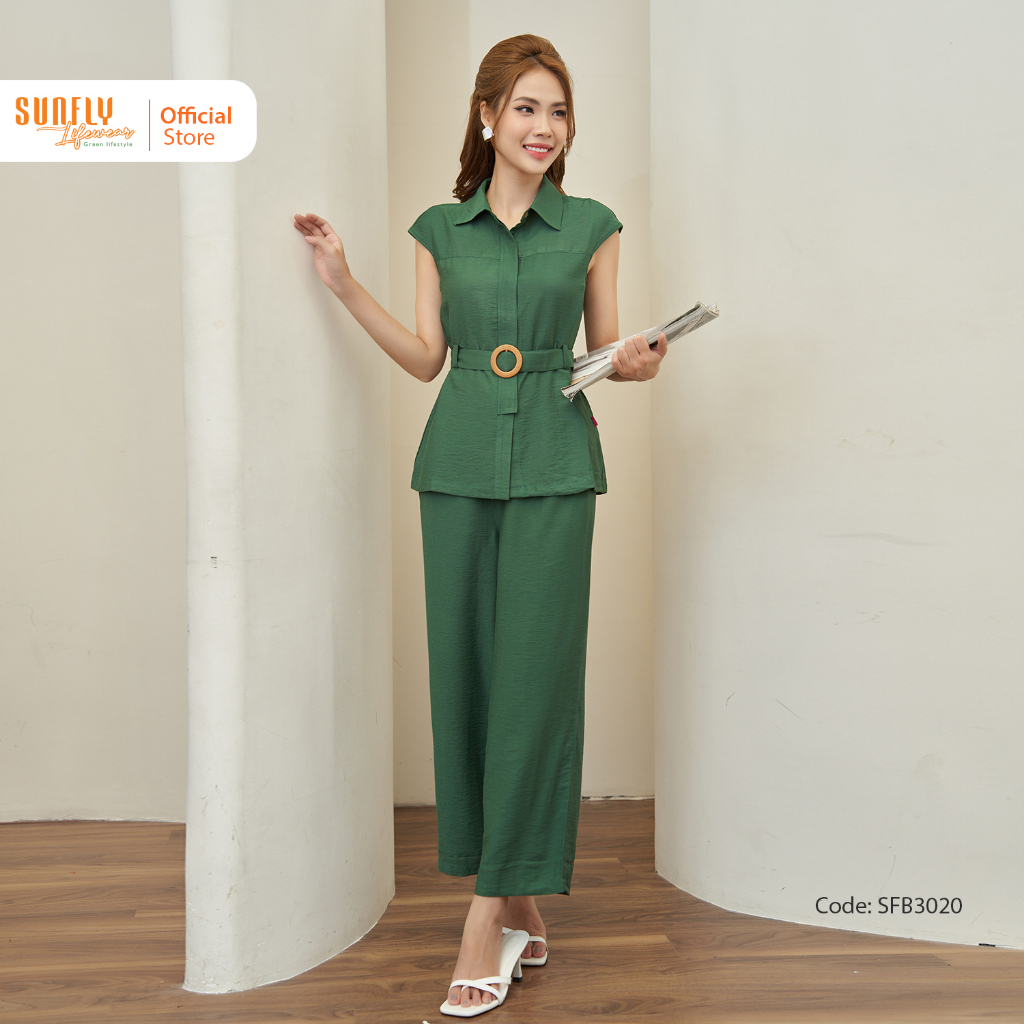 Bộ Đồ Nữ Linen SUNFLY Áo Vai Chờm Quần Suông Trẻ Trung Quyến Rũ SFB3020