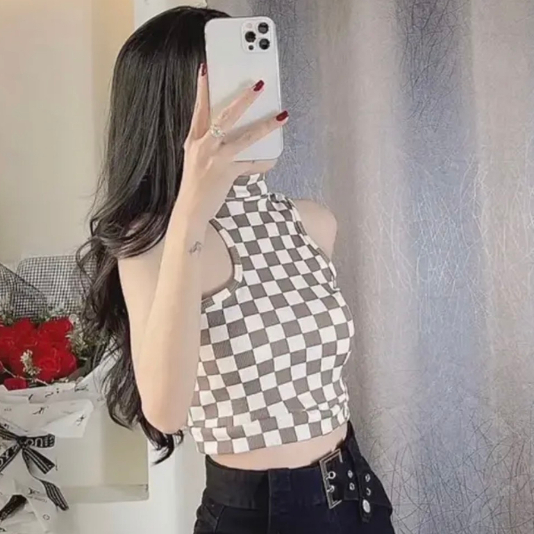 QKOOLE  Áo tanktop họa tiết caro phong cách vintage Hàn Quốc dành cho nữ|  Áo tanktop họa tiết caro dành cho đi chụp ảnh | BigBuy360 - bigbuy360.vn
