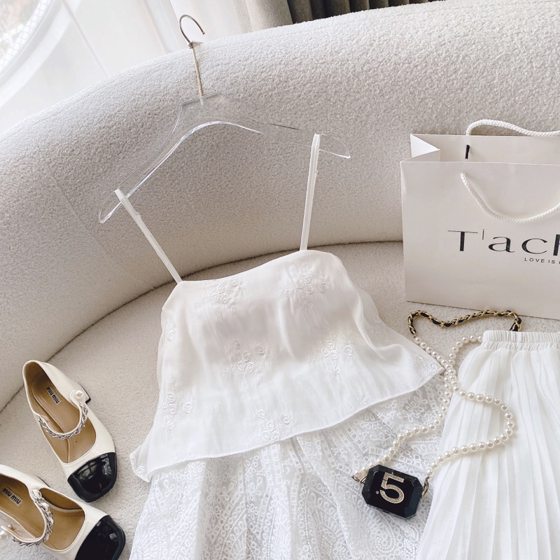 SET ÁO BABYDOLL 2 DÂY THÊU HOA TẦNG PHỐI REN + CHÂN VÁY XOÈ XẾP LY TRẮNG