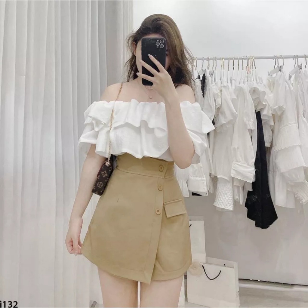 Áo kiểu croptop trễ vai bèo nhún phong cách Hàn Quốc AS71