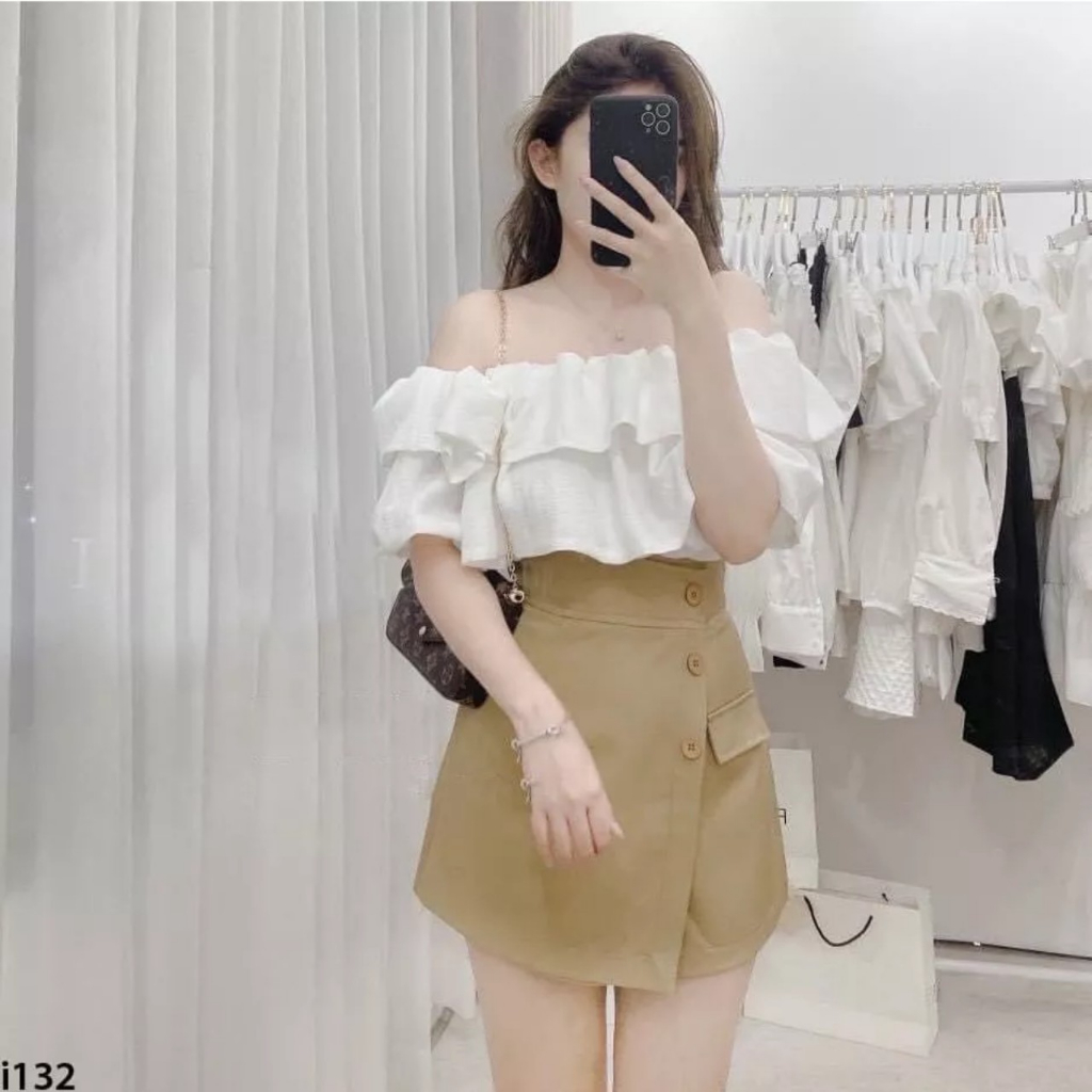 Áo kiểu croptop trễ vai bèo nhún phong cách Hàn Quốc AS71