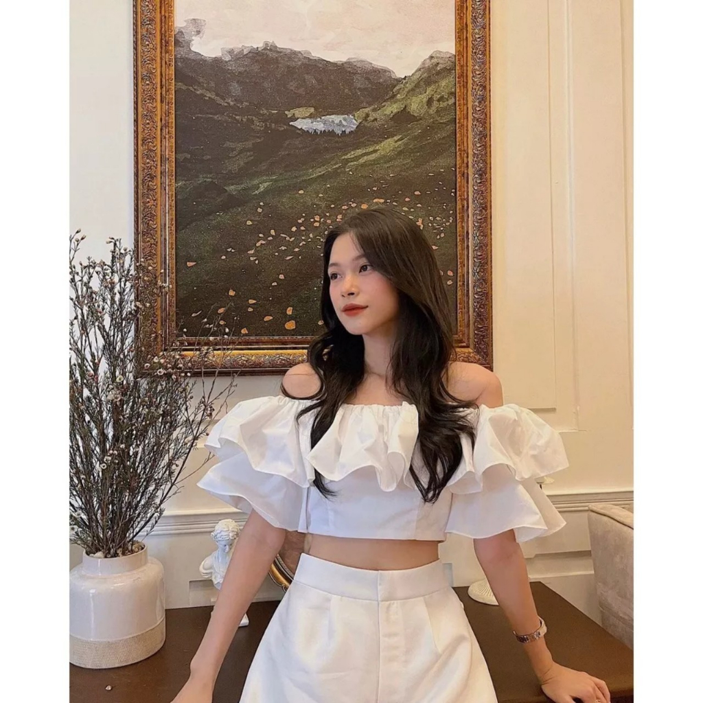 Áo kiểu croptop trễ vai bèo nhún phong cách Hàn Quốc AS71