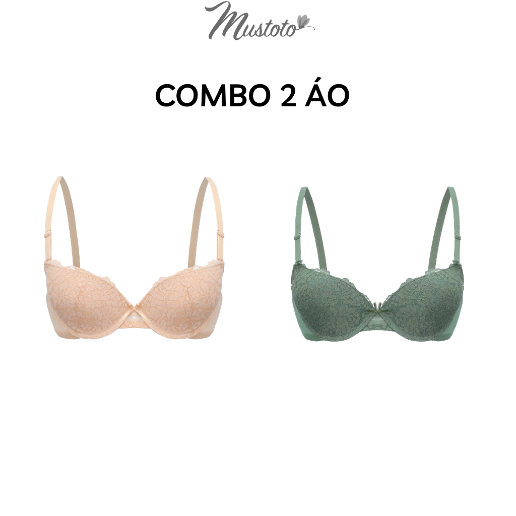 Combo 2 Áo Lót Nữ Ren Có Gọng Phối Lưới Mút Mỏng Bra Camomile Da Nhạt, Xanh Lá (Mustoto MA19)
