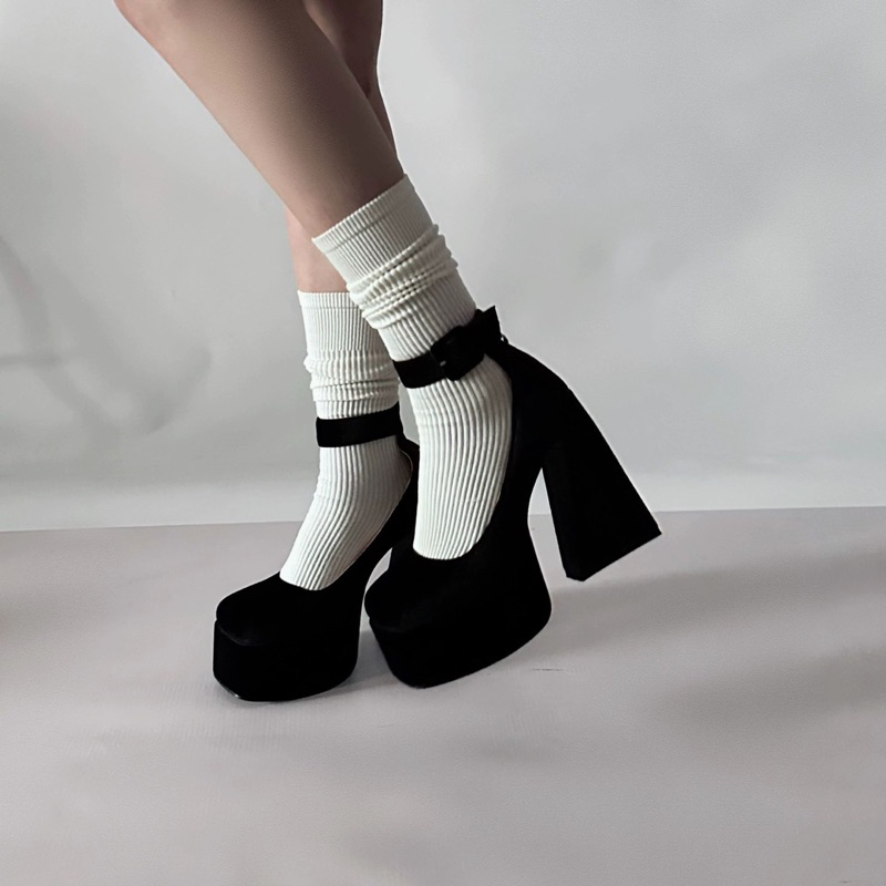 GIÀY CAO GÓT A48 ĐEN NHUNG ĐẾ CAO 10CM QUAI NGANG