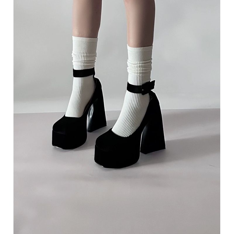 GIÀY CAO GÓT A48 ĐEN NHUNG ĐẾ CAO 10CM QUAI NGANG