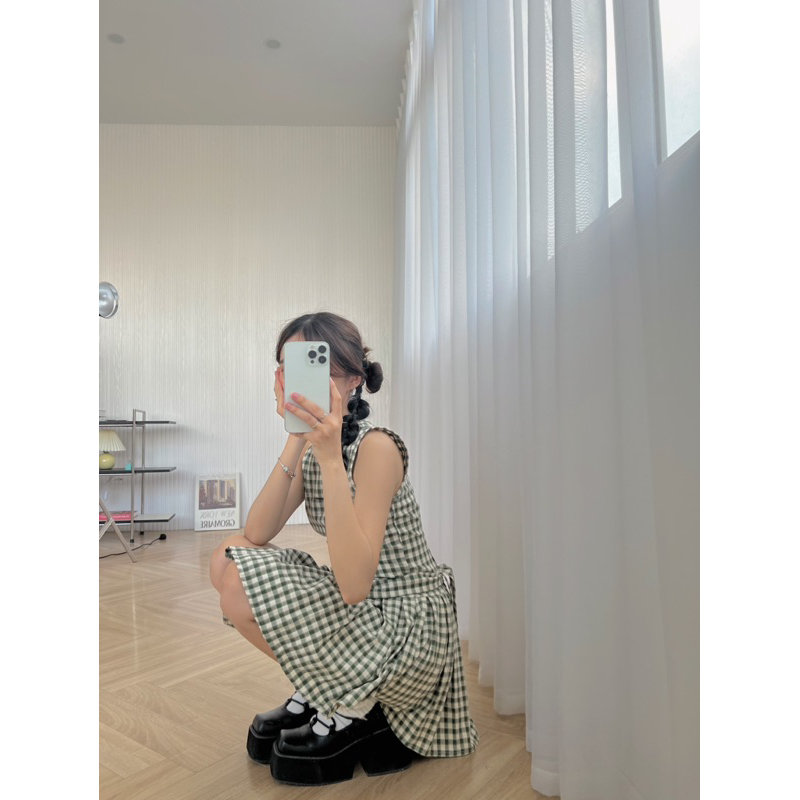 Váy caro phối đai thắt eo - Flannel Dress