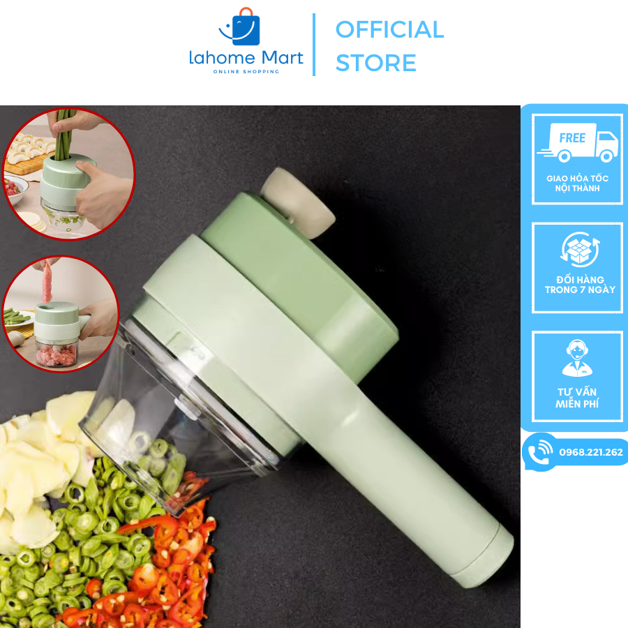 Máy xay thực phẩm mini cầm tay đa năng, 2 chế độ cắt lát, xay nhuyễn, Pin tích điện sạc nhanh | Lahome Mart