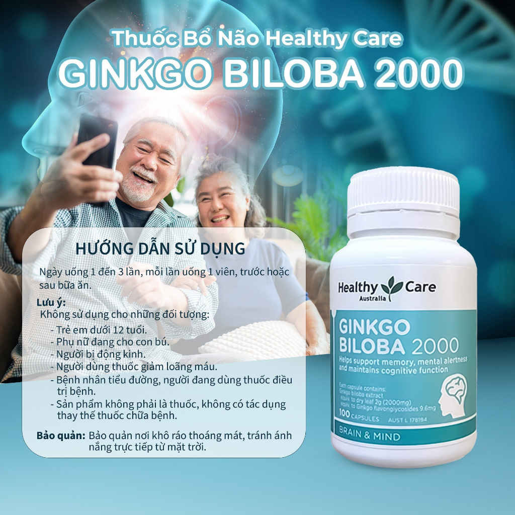 Viên uống Bổ Não Healthy Care Ginkgo Biloba giảm đau đầu, phát triển trí nhớ, lưu thông máu não - 100 viên Của Úc