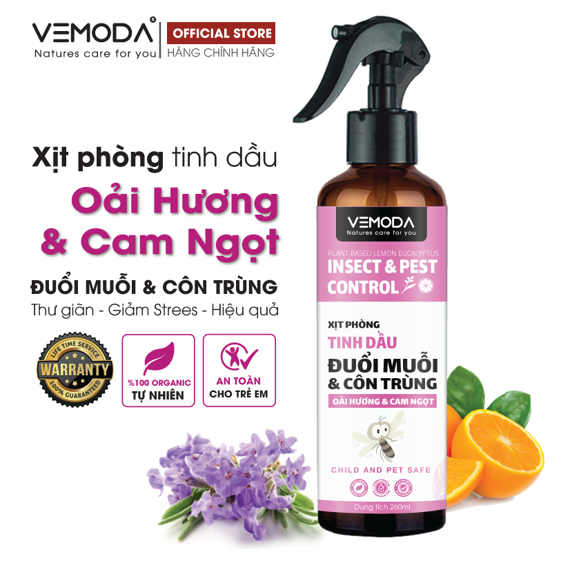 Xịt thơm phòng đuổi muỗi cho mẹ và bé Vemoda. Xịt tinh dầu Oải Hương và Cam Ngọt khử mùi, làm thơm tự nhiên