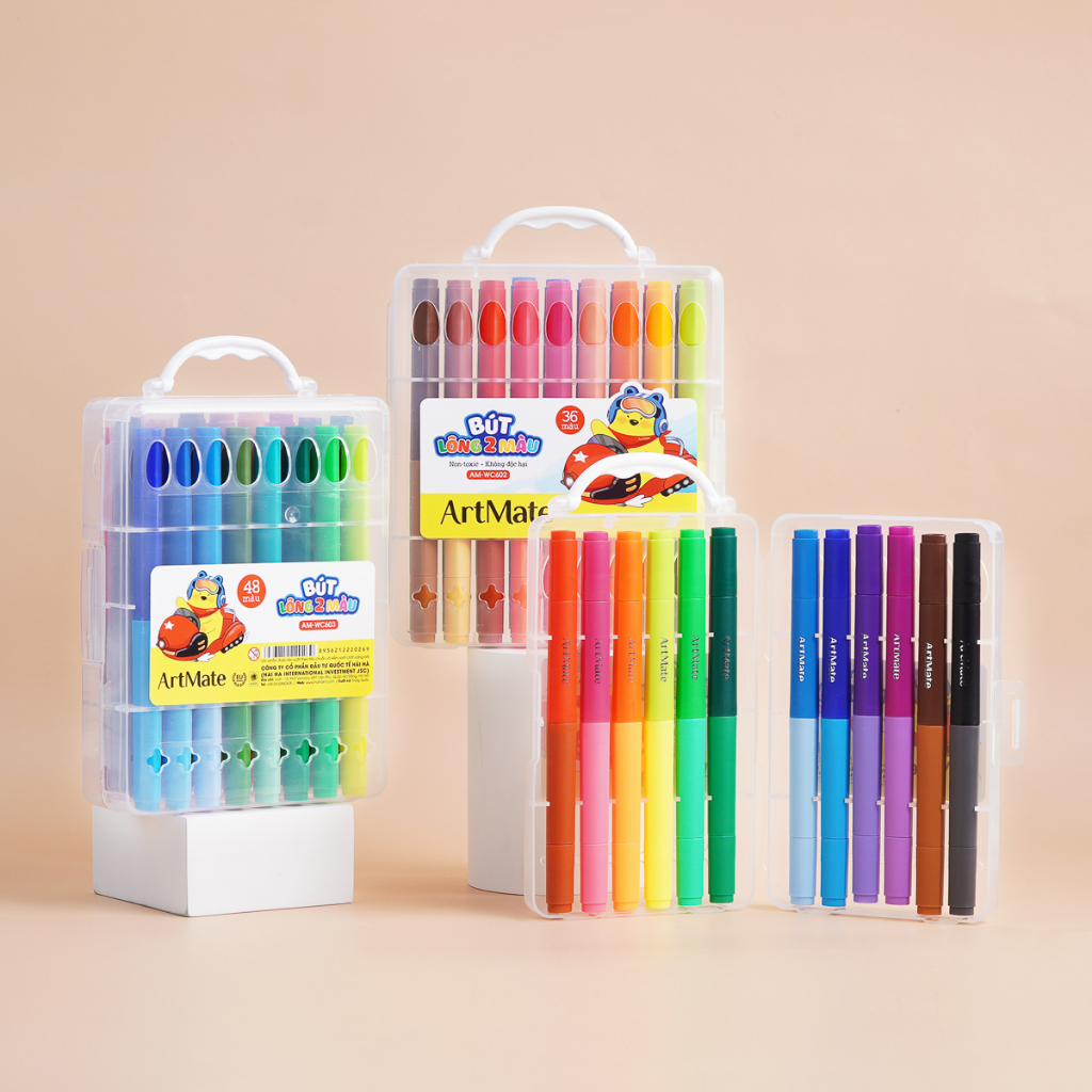 Bút màu marker hai đầu ARTMATE 24/36/48 màu tươi sáng, bút dạ lông màu chất liệu an toàn cho bé AM- WC601/602/603