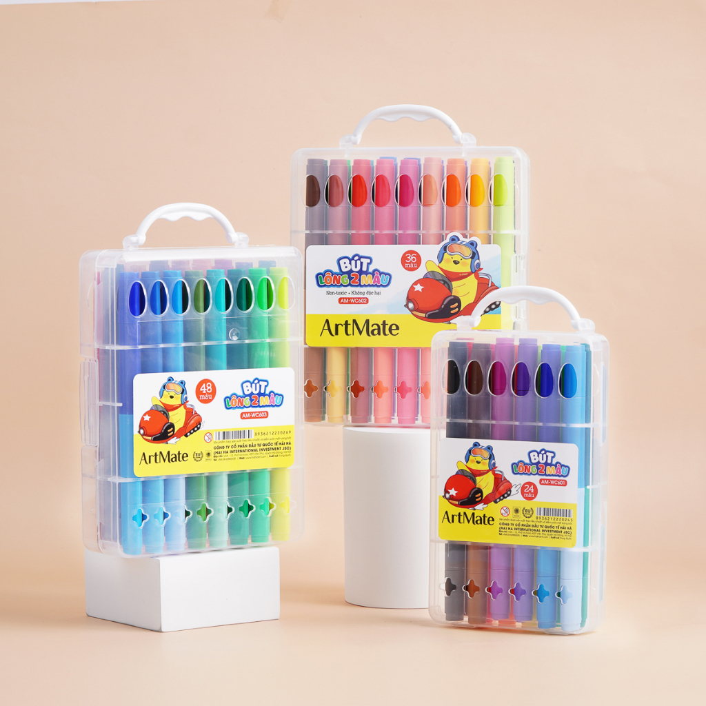 Bút màu marker hai đầu ARTMATE 24/36/48 màu tươi sáng, bút dạ lông màu chất liệu an toàn cho bé AM- WC601/602/603