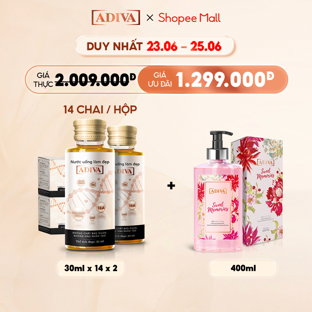 Combo 2 Hộp Nước Uống Làm Đẹp Collagen ADIVA (14 Chai/Hộp) Tặng 1 Sữa Tắm ADIVA Sweet Memories 400ml