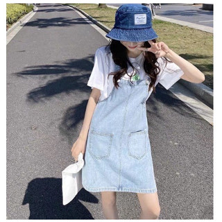 Váy Yếm Jean Dáng Rộng Hai Dây Cao Cấp Cho Nữ, Váy Jeans Bò Dạng Yếm Hai Túi Trước Quần yếm denim xanh đen trắng Phong C