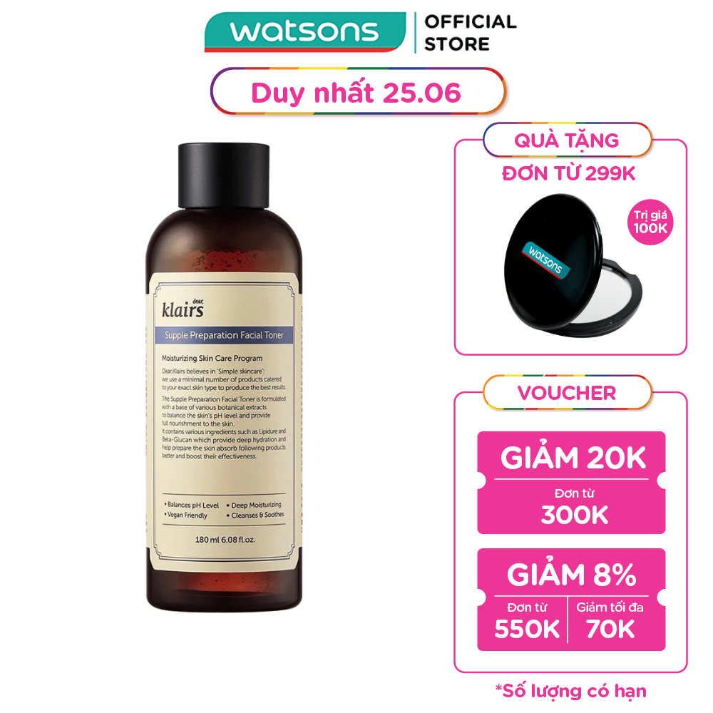 Nước Hoa Hồng Dear Klairs Dưỡng Ẩm Da Và Làm Mềm Da Supple Preparation Facial 180ml