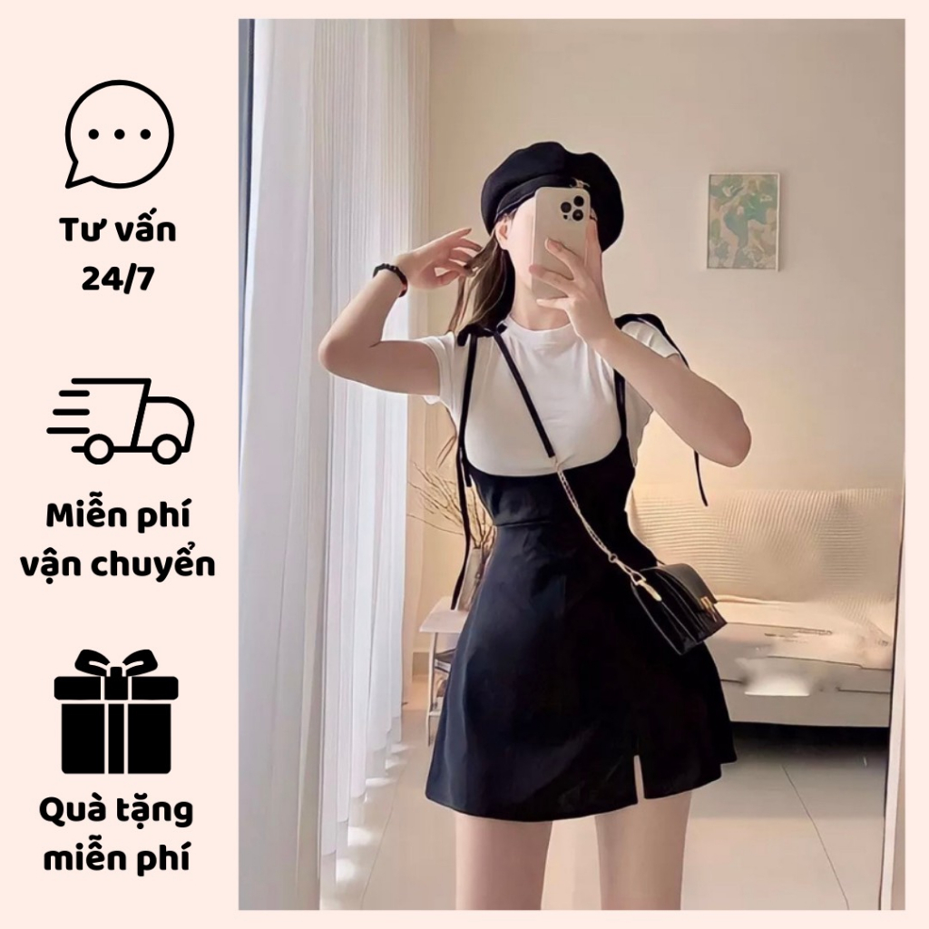 Set Áo Thun Trắng Và Chân Váy Đen Cột Nơ Vai QUỲNH FASHION Vải Cotton Năng Động Freesize 46-52kg