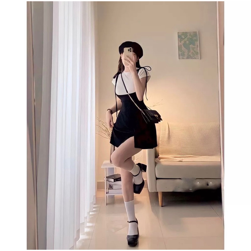 Set Áo Thun Trắng Và Chân Váy Đen Cột Nơ Vai QUỲNH FASHION Vải Cotton Năng Động Freesize 46-52kg