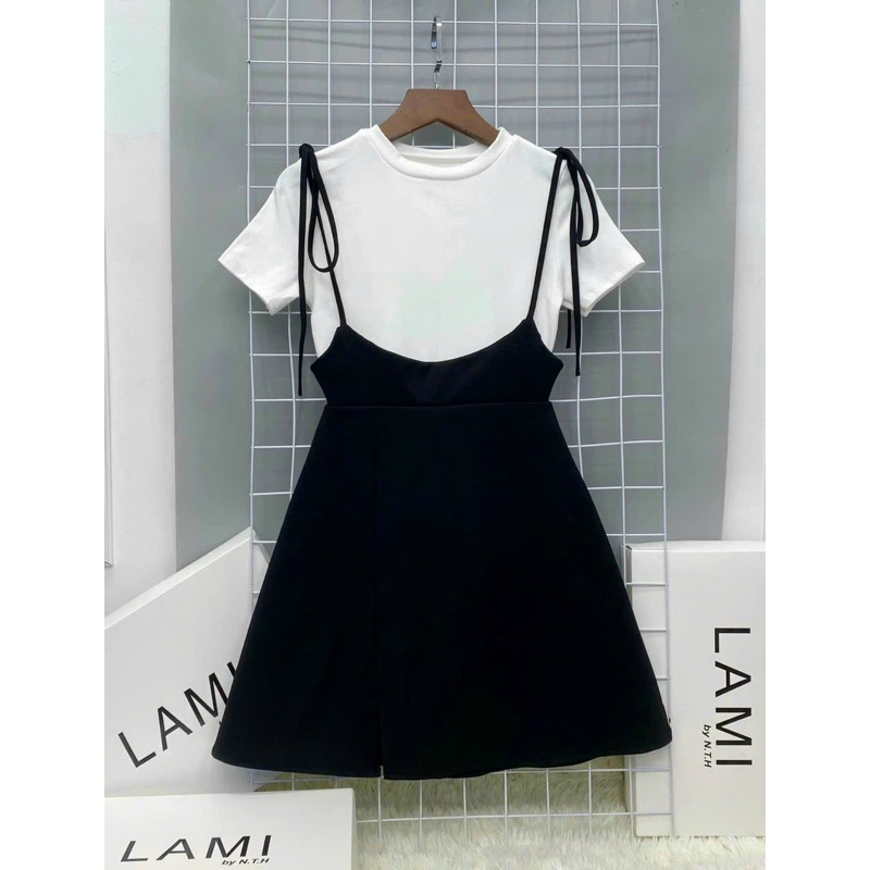 Set Áo Thun Trắng Và Chân Váy Đen Cột Nơ Vai QUỲNH FASHION Vải Cotton Năng Động Freesize 46-52kg