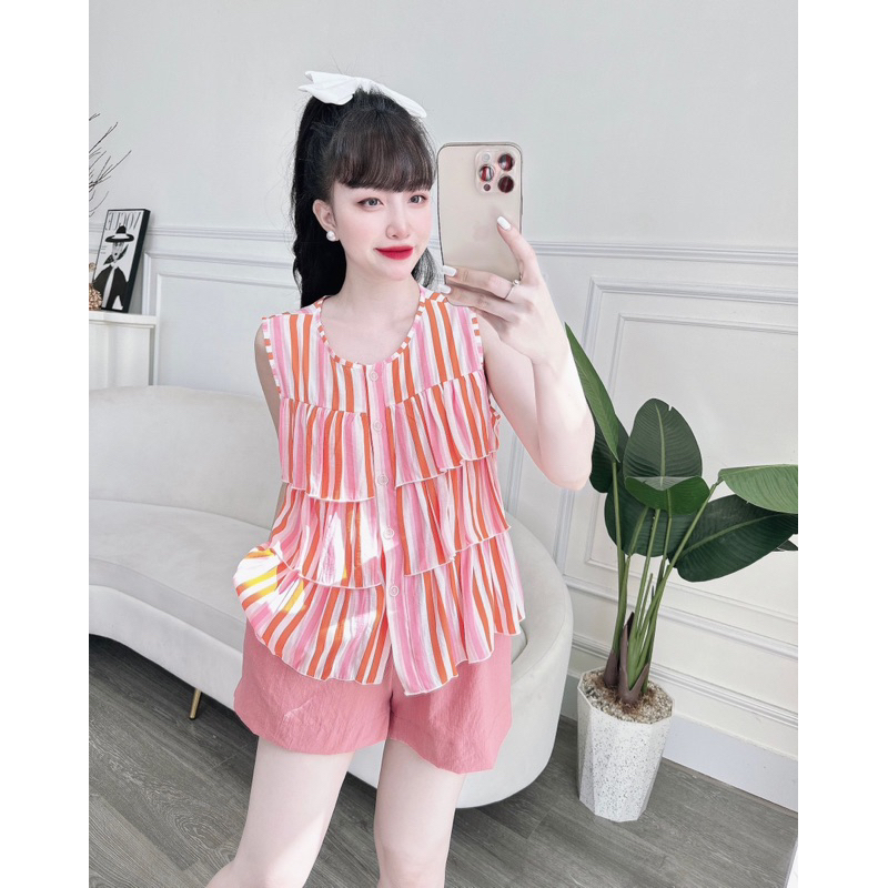 Đồ Bộ Nữ Trúc My, Bộ đùi kẻ sọc linen áo tầng babydoll, quần có túi, freesize &lt; 57kg