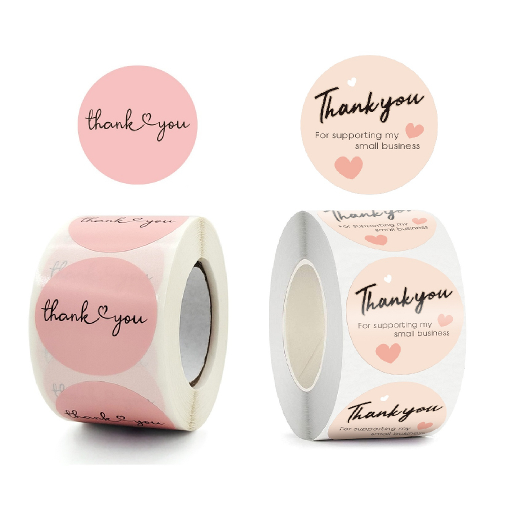 Cuộn 500 nhãn dãn cảm ơn, sticker thank you, tem tròn thank you, tem cảm ơn màu hồng