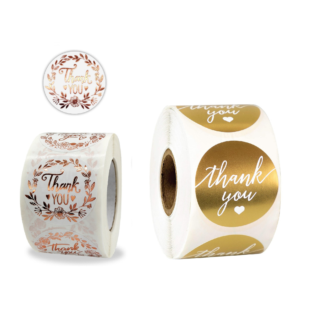 Cuộn 500 nhãn dãn cảm ơn, sticker thank you, tem tròn thank you, tem cảm ơn màu hồng