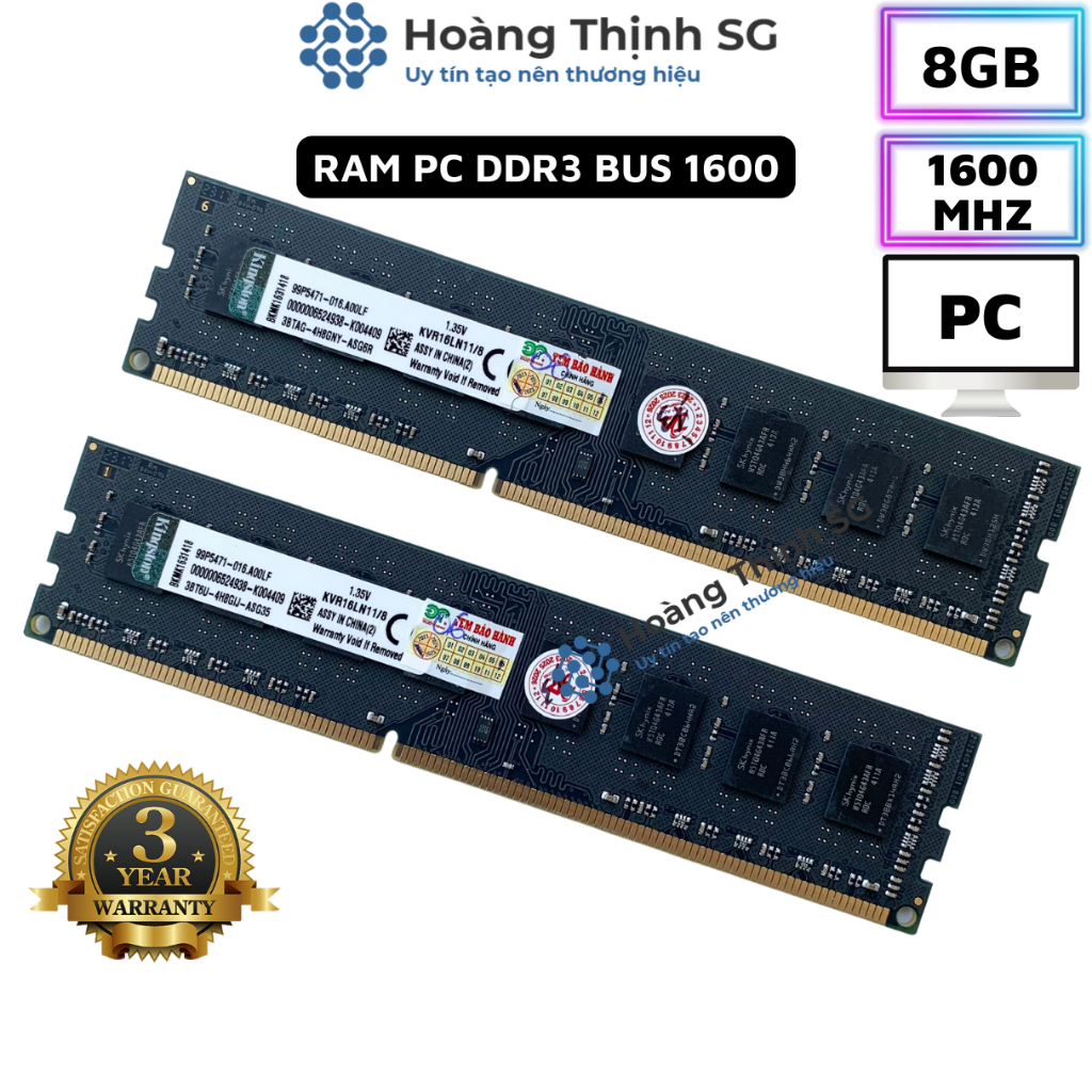 Ram DDR3 8GB Bus 1600MHz Kingston dùng cho máy tính để bàn PC - Bảo hành 3 năm