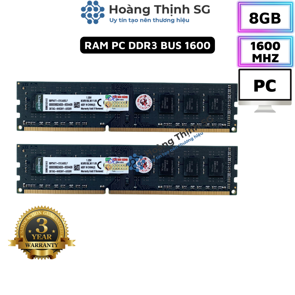 Ram DDR3 8GB Bus 1600MHz Kingston dùng cho máy tính để bàn PC - Bảo hành 3 năm
