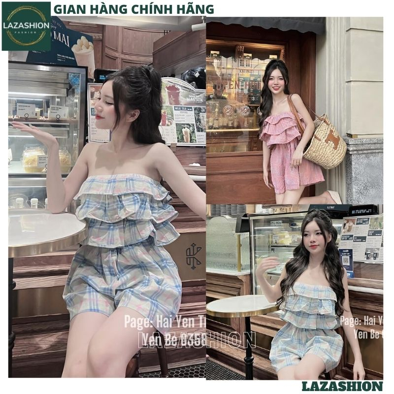Jumpsuit Nữ Kẻ Caro Trễ Vai Chun Ngực Bèo Tầng Bánh Bèo, Jum Đùi Nữ Quây Ngực Xếp Ly Điệu Đà Thời Trang - LAZA