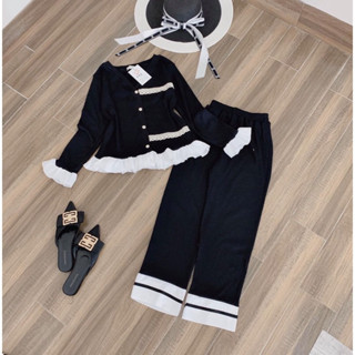 Sét bộ mặc nhà nữ, bộ len tăm cổ V phối viền trắng quần suông sang chảnh co giãn 4 chiều