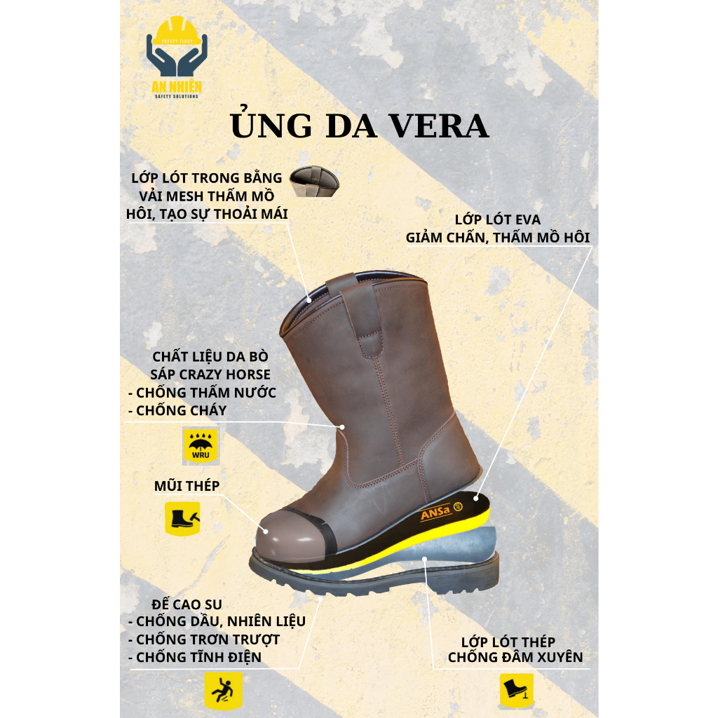 Ủng da bảo hộ lao động VERA kháng nước, chống đinh, thoáng khí, êm chân. Hàng chất lượng cao.