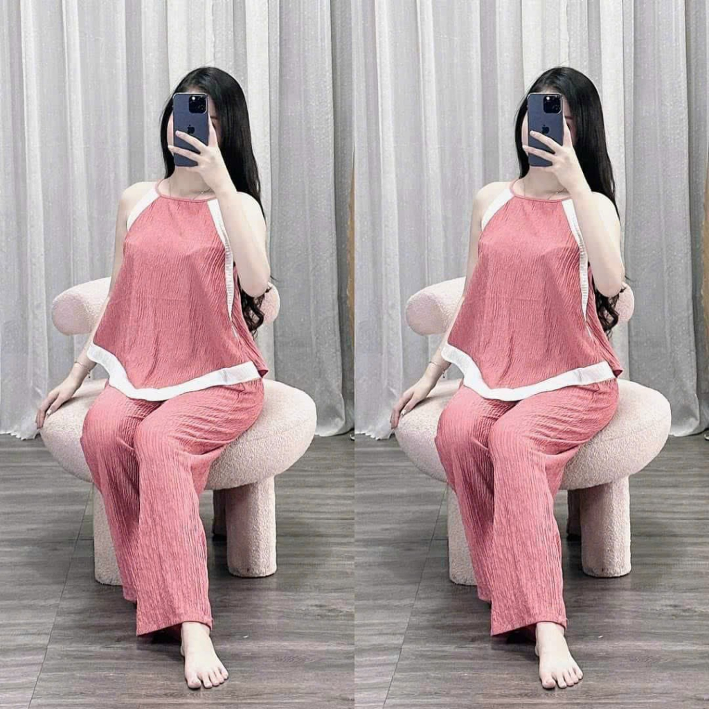 Set bộ lụa cổ yếm phối viền trắng mix quần dài ống rộng, set bộ thun xốp màu trơn cổ yếm vạt bầu đi chơi siêu xinh mtb