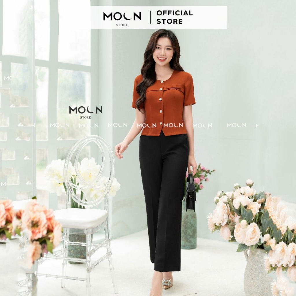 Quần áo công sở 𝐌𝐎𝐎𝐍 áo sơ mi cổ tròn dáng ngắn mix quần tây đen suông MA174-MQ517