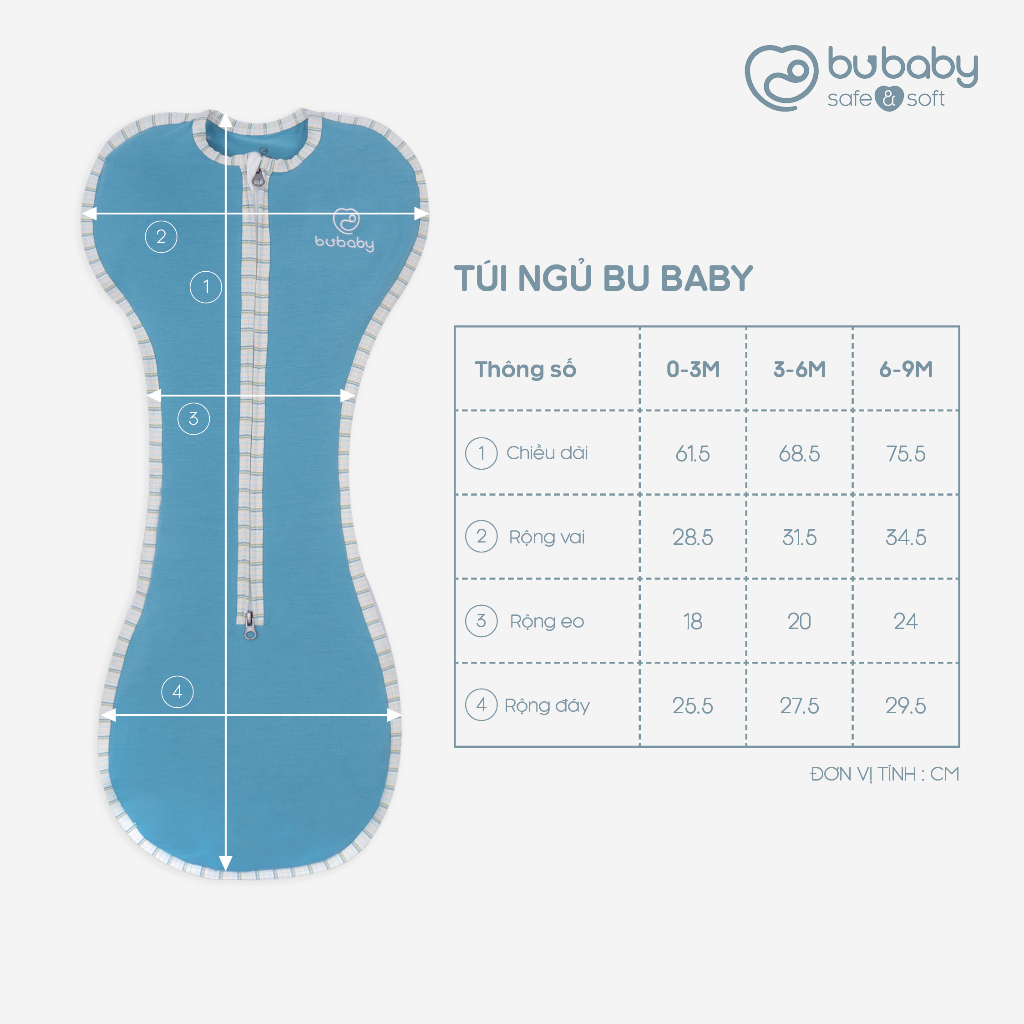 Túi ngủ cho bé sợi tre khoá kéo 2 chiều, size 0-9M BU Baby BA045 | Phụ kiện BU Baby chính hãng