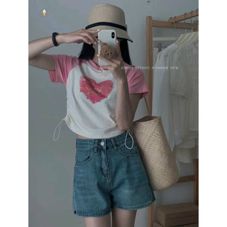 Áo kiểu rút dây dù 2 bên eo in trái tim hồng cưc hot