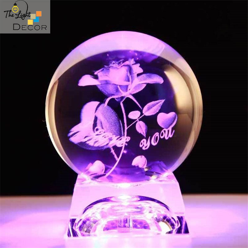 Quà tặng pha lê 🎁🎁 Bộ Quả Cầu khắc 3D hoa hồng I Love You led