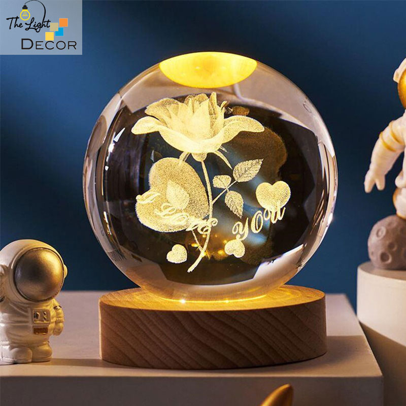 Quà tặng pha lê 🎁🎁 Bộ Quả Cầu khắc 3D hoa hồng I Love You led