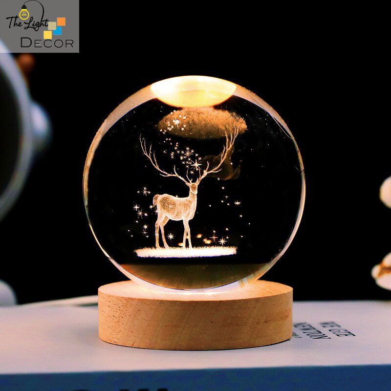 Bộ Quà Tặng 🎁 🎁 🎁 Quả Cầu Pha Lê Danledion Khắc Laser 3D LED Chú Hươu