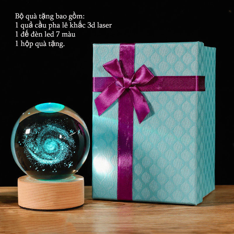Bộ Quà Tặng 🎁 🎁 🎁 Quả Cầu Pha Lê Danledion Khắc Laser 3D LED Chú Hươu