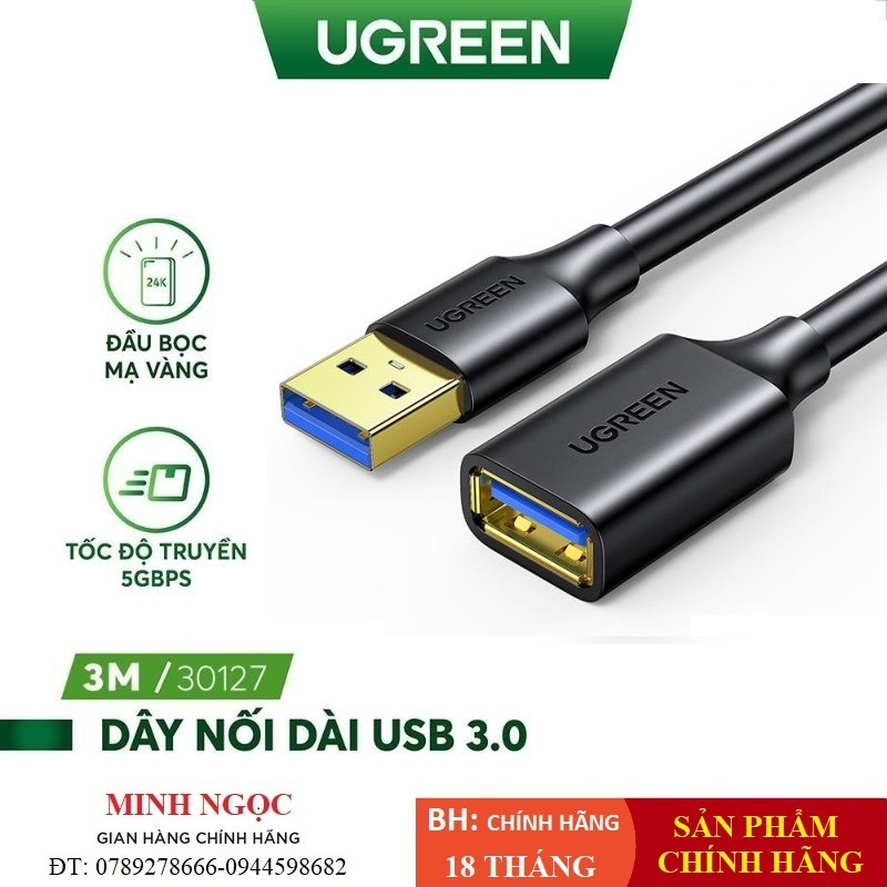 Dây cáp nối dài USB 3.0 mạ vàng UGREEN US129 30127 dài 3m - Hàng Chính Hãng
