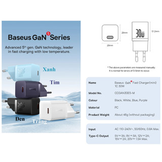 Củ sạc nhanh mini 30W  1 cổng type C Baseus GaN5 CCGAN30E5-M