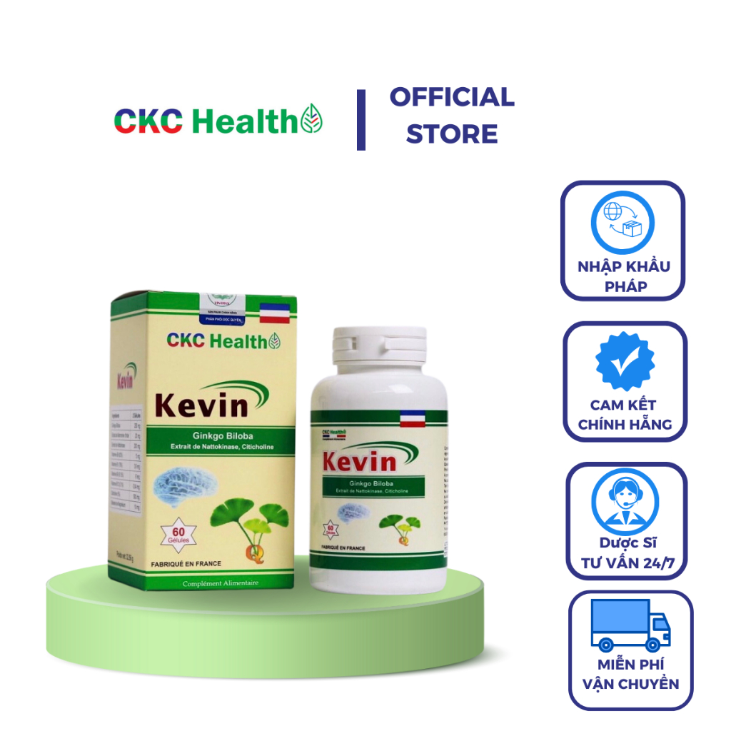 Viên uống bổ não Kevin Pháp với thành phần Ginkgo Biloba, Extrait de Marronnier, Extrait de Nattokinase, Vitamin B6, B12