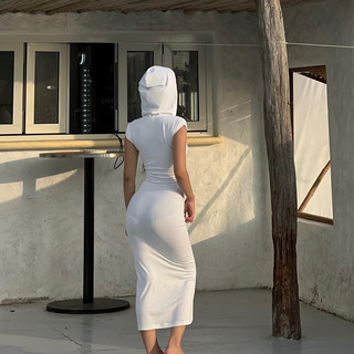 Đầm ôm dài có mũ trắng/xanh HOOD DRESS - THESTAN