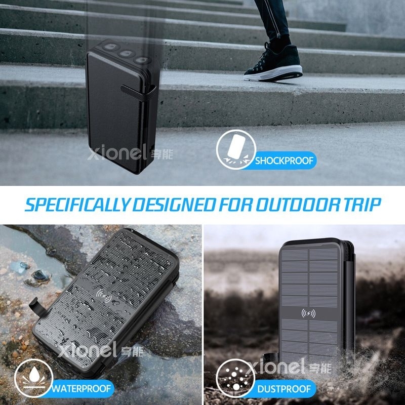 Pin Sạc Dự Phòng Không Dây Năng Lượng Mặt Trời Xionel 20000mA Sạc Nhanh 22,5W Chống Nước, Chống Bụi, Đèn Pin Siêu Sáng