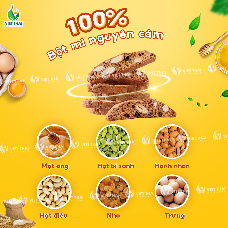 Bánh Biscotti ăn kiêng giảm cân heathly 100% nguyên cám siêu hạt dinh dưỡng (Việt Thái Organic)