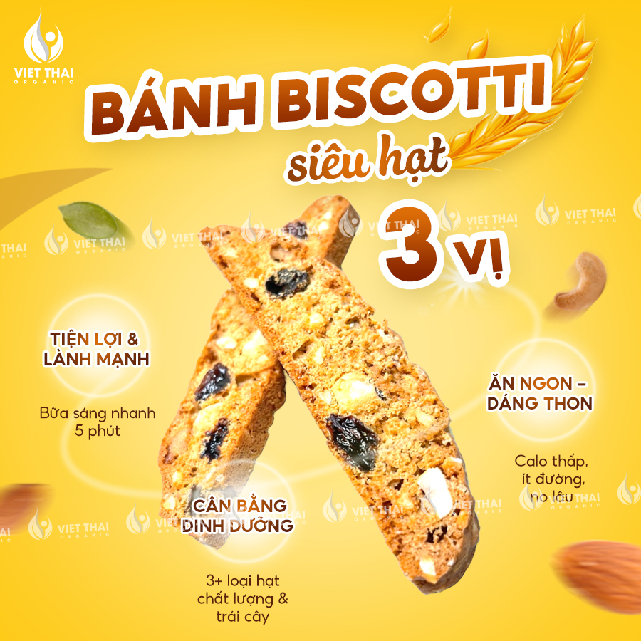 Bánh Biscotti ăn kiêng giảm cân heathly 100% nguyên cám siêu hạt dinh dưỡng (Việt Thái Organic)